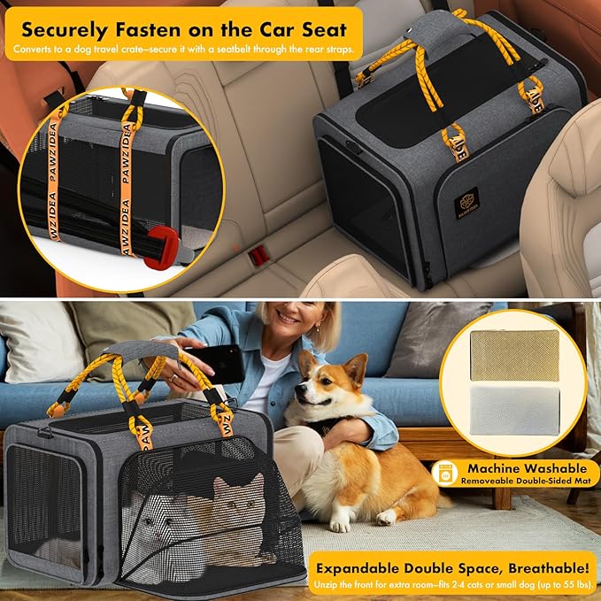PAWZIDEA Large Pet Carrier Expandable, 24"×16"×16" Soft-Sided Cat Carrier for 2–4 Cats up 55lb, Portable & Collapsible Small Medium Dog Travel Crate for Car, XL Storage Pocket, ID Card, Shoulder Strap