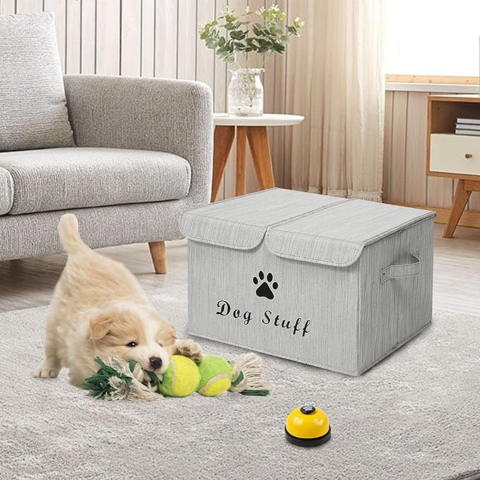 Geyecete Large Storage Boxes - Large Linen Fabric Foldable Storage Cubes Bin Box Containers with Lid and Handles for Dog Apparel & Accessories, Dog Toys(BambooGray)