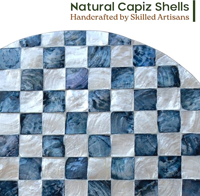 12" Checkered Lazy Susan for Tabletop, Handcrafted Mother of Pearl Turntable Organizer for Kitchen Counter, Coffee Table, Bathroom, Dining or Organizing (Navy Blue)