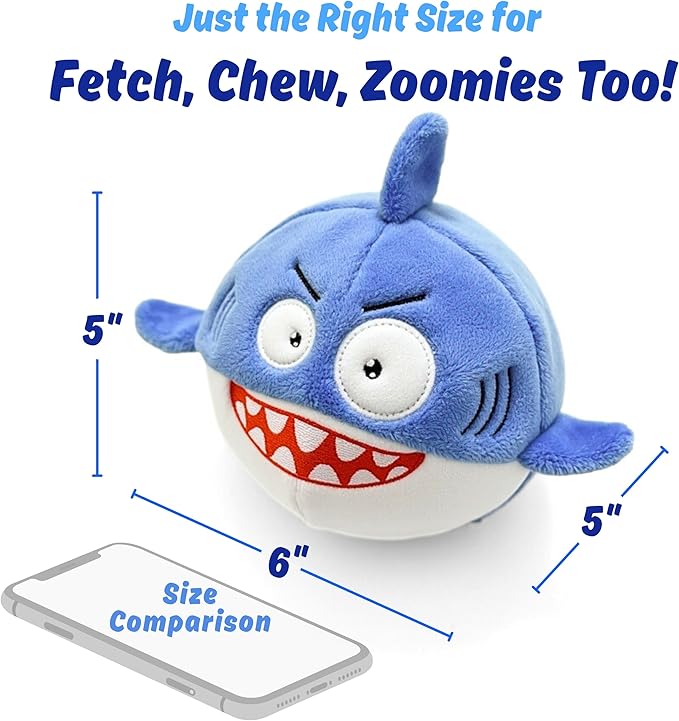 3 in 1 Squeaky Soft Plush Durable Dog Chew Toy for Aggressive Chewers, No Stuffing Interactive Tough Rip & Reveal Crinkle Blue Shark Ball in Gift Box, Puppy, Small & Large Breed Pets Birthday Present