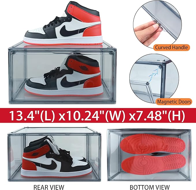 Acrylic Shoe Organizer，Sneaker Acrylic Display Case Size 13 for Men/Women Shoe Box Clear Box Stackable Storage Bins with Magnetic Door，Grey 1 Pack