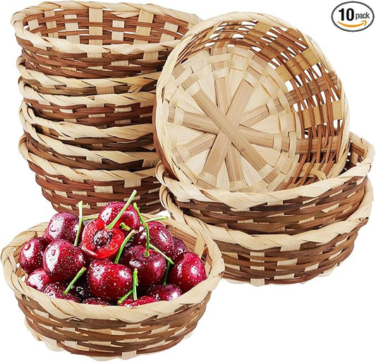 10 Pack Bamboo Woven Basket, 7 x 7 x 2.4 Inch Round Fruit Bread Food Storage Basket for Home Kitchen Restaurant