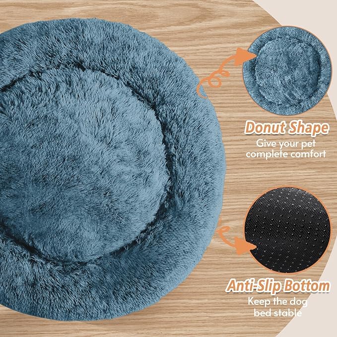 Calming Donut Dog Bed — Large 36", Anti-Anxiety Faux Fur, Washable (Blue)