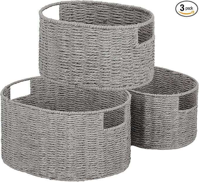 Vagusicc Wicker Storage Basket, Set of 3 Hand-woven Storage Baskets for Organizing, Round Large Wicker Baskets for Storage Decor, Pantry Storage Cubes Organization Baskets for Shelves, Grey