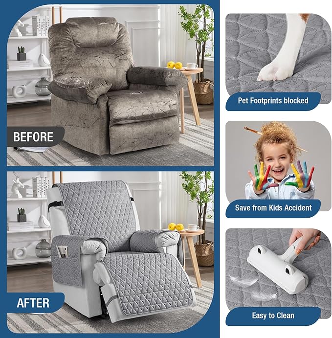 TAOCOCO 100% Waterproof Recliner Cover - Recliner Cover with Non-Slip Granule, Recliner Chair Covers with Elastic Band, Recliner Chair Covers for Reclining Chair(Light Gray, Medium-25'')