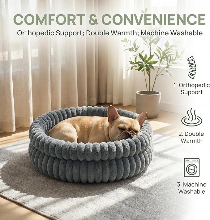 Calming Dog beds for Small Dogs, Faux Rabbit Fur Round Anti-Anxiety Pet Bed for Kittens & Puppies, Fluffy Puppy Bed with Washable Cushion & Detachable Cover, 24"