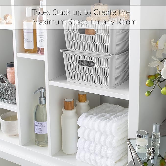Simplify 2Pk Large Slide 2 Stack It Tote Basket | Storage & Organization | Open Bins with Stackable Capability | Bathroom | Crafts | Pantry | Playroom | Office | Grey