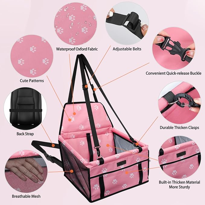 PetsHome Dog Car Seat Foldable Dog Car Booster Seat Waterproof Breathable Oxford Travel Bag for Small to Medium Dogs, Puppies, and Pets-Footprint Pink+Mat