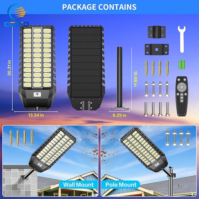 CEDIO Solar Street Light Outdoor, Plus Large Solar Lights IP67 Waterproof, LED Flood Lights Parking Lot Light Outdoor Motion Sensor with Remote Control (9500W-2PACK)