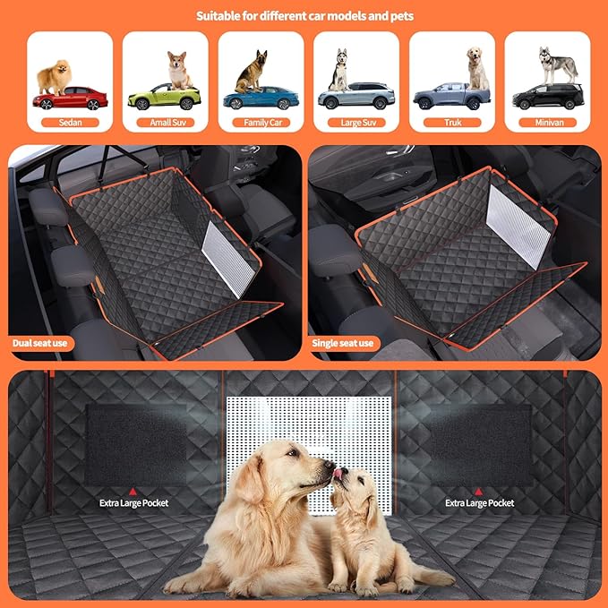 Dog Car Seat Cover for Back Seat, 1seat to 3seats can be Switched at Will. Back Seat Extender with Hard Bottom. 600D Heavy Duty Scratch,Nonslip,Waterproof Dog Hammock for Cars,Trucks and SUVs.