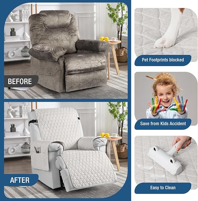 TAOCOCO 100% Waterproof Recliner Cover - Recliner Cover with Non-Slip Granule, Recliner Chair Covers with Elastic Band, Recliner Chair Covers for Reclining Chair(White,Large-28'')