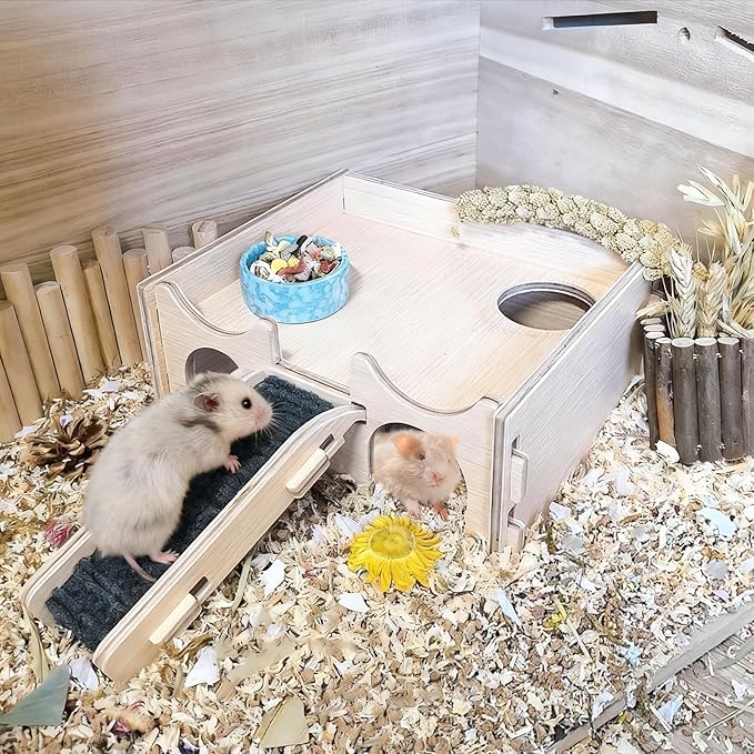Wooden Hamster Hideout,Multi-Chamber Hamster House with Stair,Small Animal Explore Hide Hut Habitats Decor Accessories for Rat,Gerbil, Dwarf Hamsters, Mice