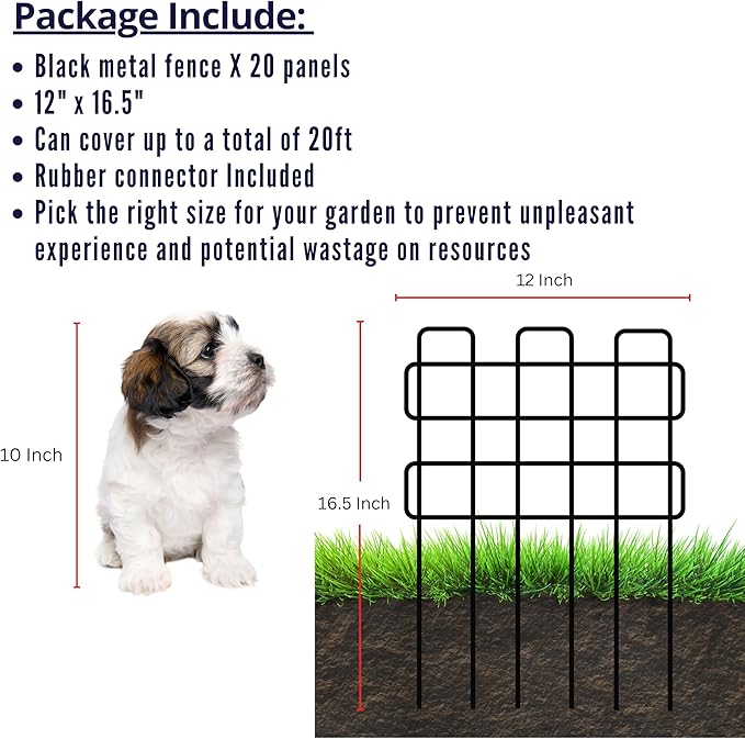 ShopLaLa Decorative Garden Fence Border (20 Panels) 12in(L) x 16.5in(H) Rustproof Black Metal Wire Fencing for Animal Barrier, Flower Bed Edging Landscape Panel Patio Fences Yard Outdoor Decor