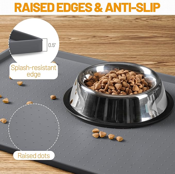 Hubulk Dog Feeding Mat,100% Waterproof Food Grade Silicone Pet Food and Water Bowl Placemat,Dishwasher, High Raised Edge to Prevent Spills,Nonslip Tray to Stop Messes on Floor (24"x16"x0.5", Grey)