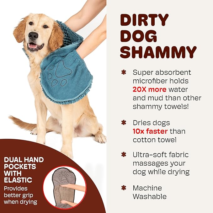 Dog Gone Smart The Dirty Dog Shammy - 2-Pack, Fast Drying Plush Shammy Towel with Dual Hand Pockets and Elastic - Super Absorbent Microfiber and Machine Washable - 31×13 in, Pacific Blue