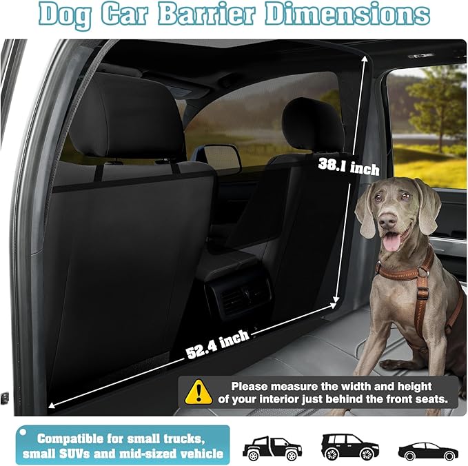 Mixsuper Dog Car Barrier, 52.4" Wide, Car Divider for Midsized Pickup, Midsized SUV and Car, One-Piece Escape-Proof Back Seat Mesh Dog Car Net Barrier Black