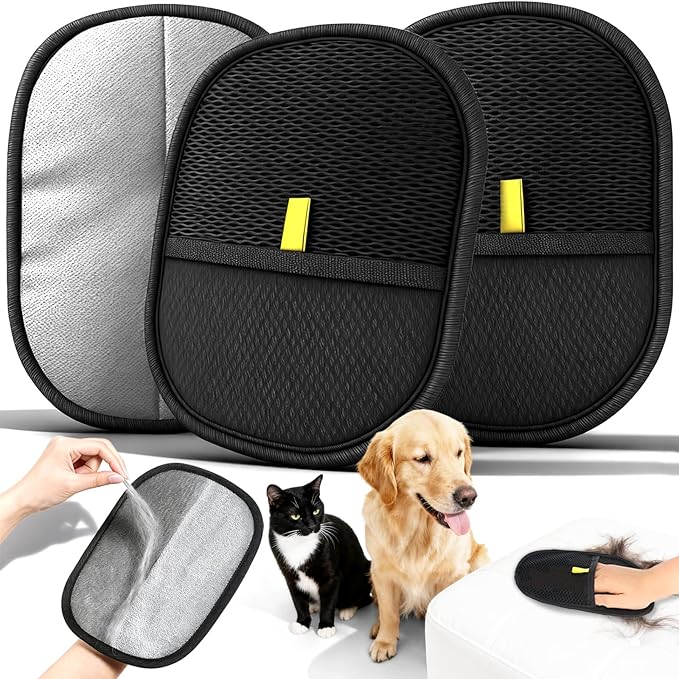 3 PCS Pet Hair Removal Gloves for Dogs & Cats - Reusable Electrostatic Magic Brush Pet Hair Remover Glove Tool for Couch, Clothing, Furniture, Carpet, Bed, Curtain, Car Seat