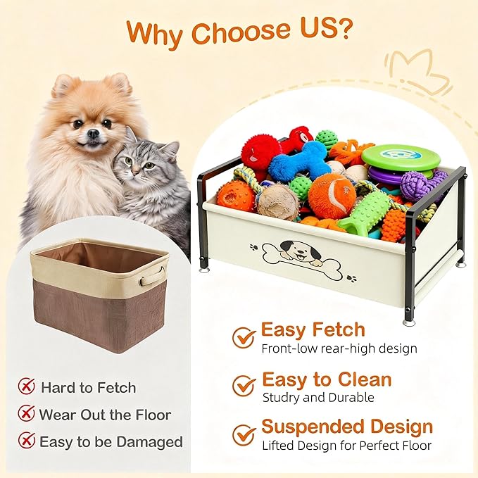 Dog Toy Box for Storage, Metal Frame Oxford Fabric Pet Toy Organizer with Raised Legs, Large Capacity Dog Toy Basket with Front Low Opening, Washable and Durable Design