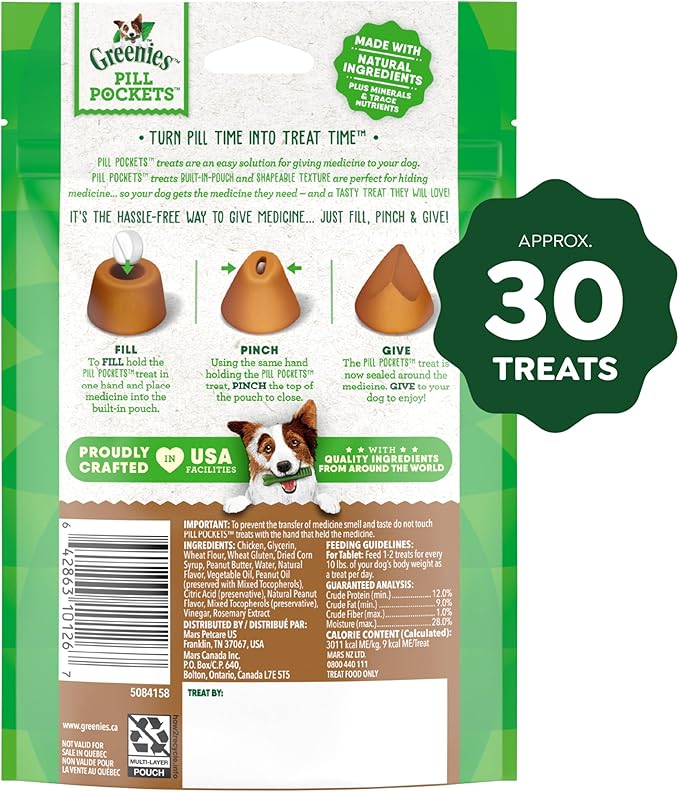 Greenies Pill Pockets for Dogs Small Size, Soft Dog Treats, with Real Peanut Butter, 3.2 oz. Pouch (30 Treats)
