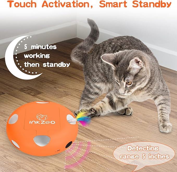Cat Toys, Interactive Cat Toys for Indoor Cats, Ultra Fun Smart Interactive Kitten Toy, Automatic 7 Holes Mice Whack-A-Mole， USB Rechargeable, 4 Pieces Feather Refills (Orange)