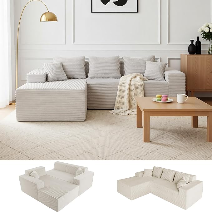 Claiks 110" Boneless Couch, Cloud Couch Sectional, L-Shape Corduroy Modular Sectional Sofa Deep Seat, Upholstered Couches for Living Room, No Assembly Required, Beige, Left Facing Chaise