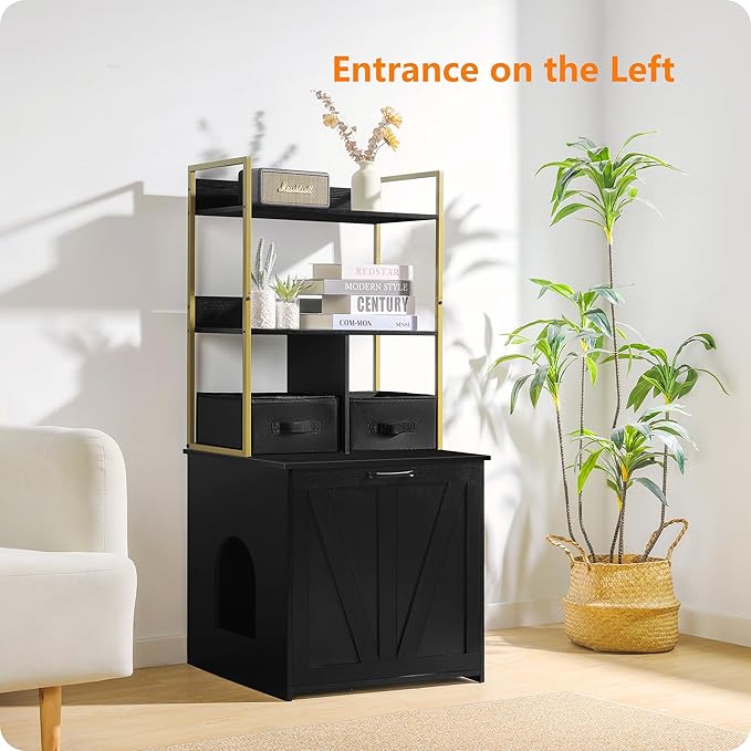 DWANTON Litter Box Enclosure with 2 Storage Shelves and 2 Drawers, 2-in-1 Hidden Cat Litter Box Enclosure Furniture with Shelf, Reversible Entrance, Washable Drawers, 50-Inch, Black+Gold