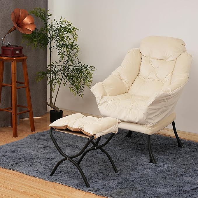 Kokel Lazy Chair with Folding Ottoman,Living Room Chairs, Accent Contemporary Lounge Chair, Single Steel Frame Leisure Sofa Chair with Armrests and A Side Pocket (White)