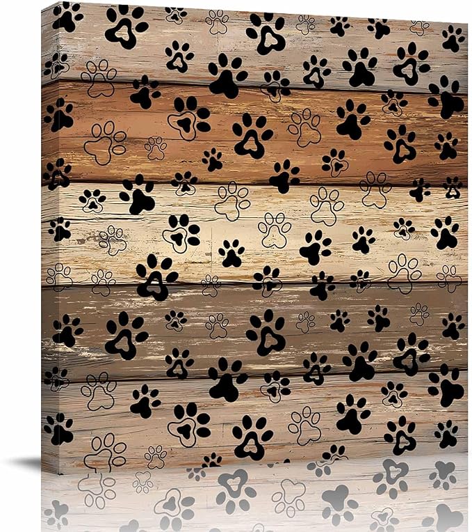 Framed Canvas Wall Art for Living Room Dog Paw Print Wall Decor, Retro Brown Wood Grain Aesthetic Paintings for Bedroom Office Kitchen Bathroom, Ready to Hang Artwork Wall Pictures 16x16 Inch
