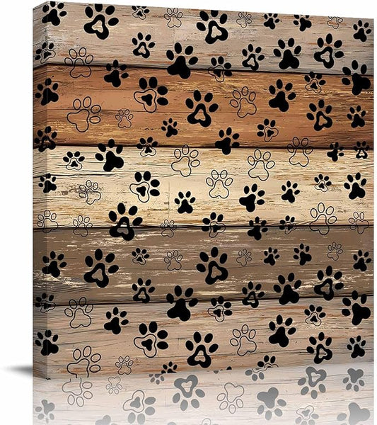 Framed Canvas Wall Art for Living Room Dog Paw Print Wall Decor, Retro Brown Wood Grain Aesthetic Paintings for Bedroom Office Kitchen Bathroom, Ready to Hang Artwork Wall Pictures 8x8 Inch