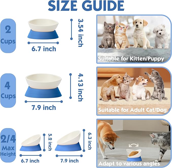 French Bulldog Food Bowl- Slanted Tilted Pug Food Water Bowl,Cat Bowl- Feeder for Frenchie/Shih Tzu/Flat Faced Small Dogs/Puppies/Cats (Blue, 4 Cup)