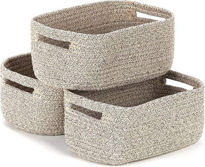 Bidtakay Small Cotton Rope Storage Baskets for Organizing 3 Pack Woven Baskets for Storage Closet Organizer Bins for Shleves 11.8×7.8×5 inch Cute Boho Decorative Basket with Handles - Light Tan