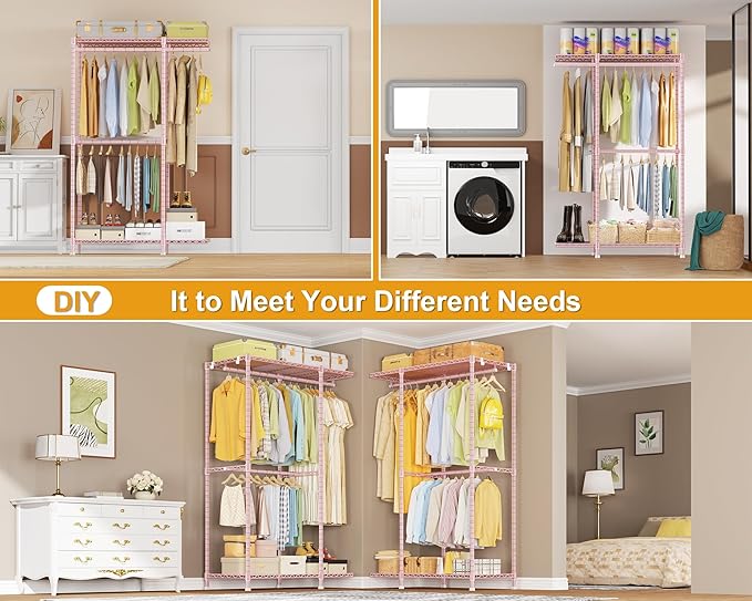 E14 Pro Heavy Duty Clothes Rack，Freestanding Clothing Racks for Hanging Clothes，Adjustable Closet Organizers and Storage，Metal Garment Rack with Shelves 69"W x16"D x77"H，Max Load 960LBS，Pink