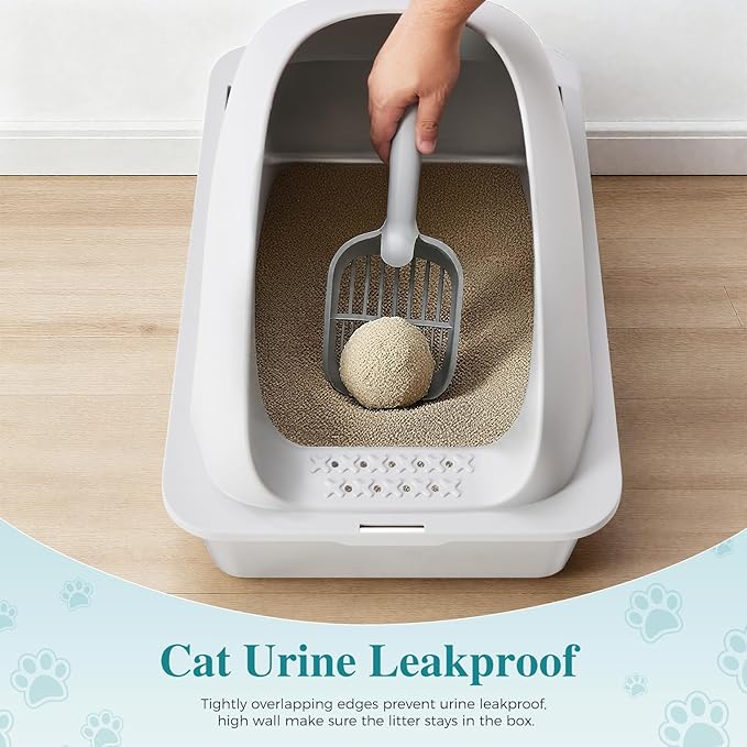 Stainless Steel Cat Litter Box with Lid, High Sided Large Cat Litter Box for Anti-Urine Leakage, Included Scoop and Litter Mat, Light Gray