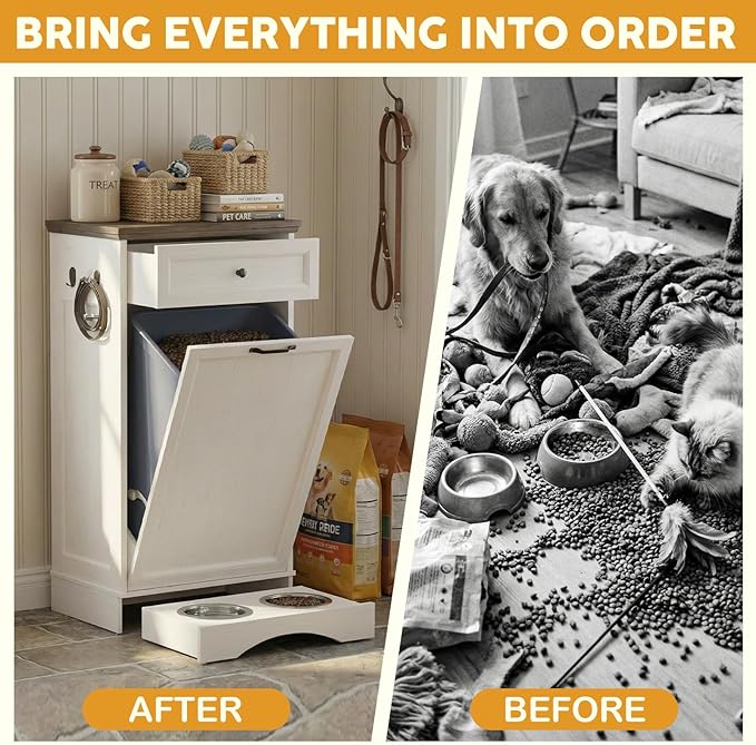 13’’ D x 21’’W x 39’’ H Dog Feeding Station with Storage, Tilt Out Dog Food Cabinet with Drawer, 2 Feeding Bowls, Pet Food Storage, Cat Feeding Station, (White Oak Grain)