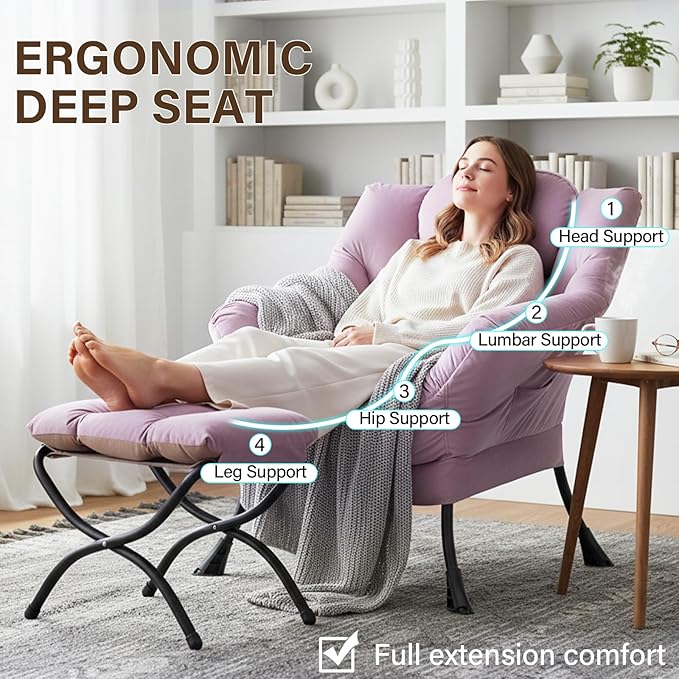 Welnow Lazy Chair with Ottoman, Modern Lounge Accent Chair with Armrests and a Side Pocket, Leisure Upholstered Sofa Armchair Set, Reading Armchair with Footrest for Small Space, Light Purple