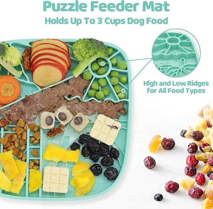 Puzzle Feeder Dog Lick Mat,Freezable Dog Enrichment Toys for Mental Stimulation and Anxiety Relief, Silicone Lick Mat for Dogs and Cats, Dog Slow Feeder that Supports All Types of Food, Green