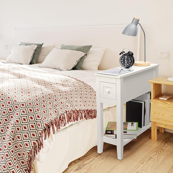 Narrow Side Table for Small Spaces, White Side Table with Drawer, Slim Bed Side Table/Night Stand Set of 2, Couch Side Table