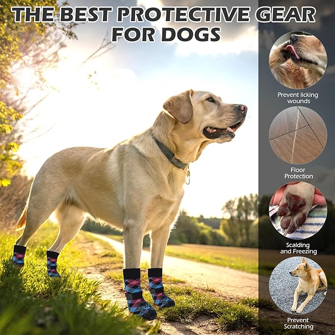 EXPAWLORER Dog Socks for Cold Winter Snow to Prevent Licking Paws, Anti Slip Doggie Booties Grippy Shoes for Hardwood Floors, Boots & Paw Protectors for Small Medium Large Senior Dogs Pink Blue S