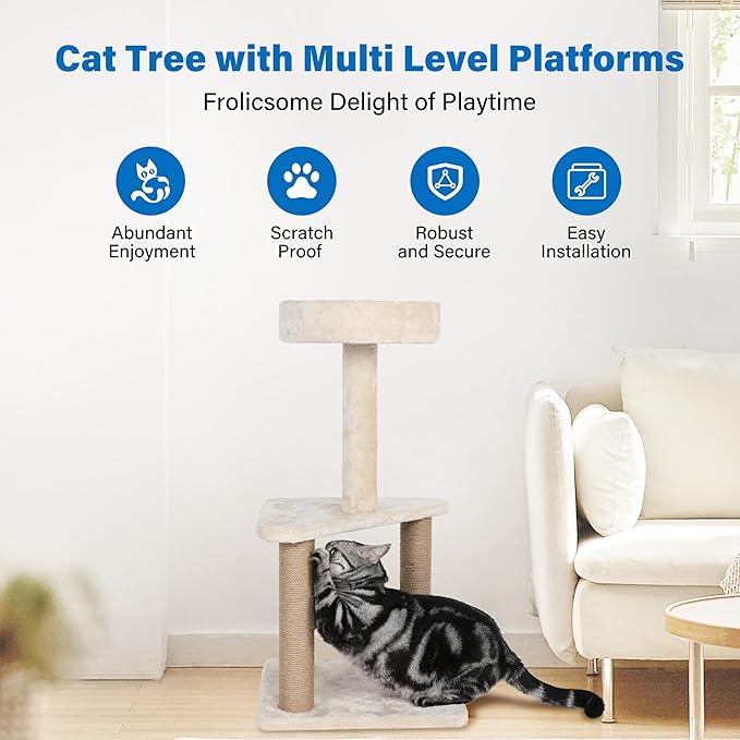 Simple Deluxe Cat Tree Tower with Sisal Covered Scratching Post, 31.8 Inches 3 Layers Cat Tower with Plush Perches for Indoor Cats, Beige