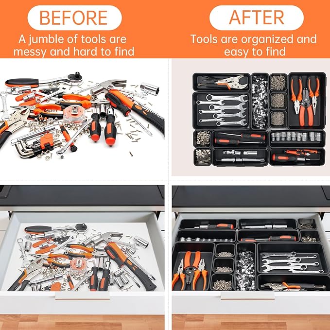 46 Pack 5-Sizes Large 12'' Tool Box Organizer Tray, Tool Box Organizers and Storage, for Hammer, Wrench, Screw, Small Parts Toolbox Organization, Tool Cart Chest Garage Drawer Organizer Tray, Black