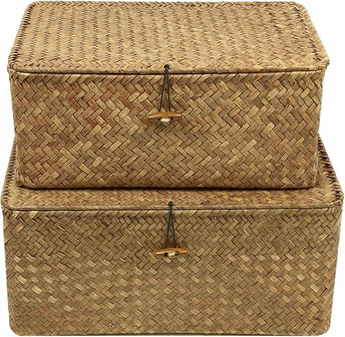Wicker Storage Baskets with Lid, Set of 2 Handwoven Seagrass Household Organizer Basket Bins Decorative Boxes Storage Containers for Shelves Drawers Desk Closet Pantry Playroom Classroom