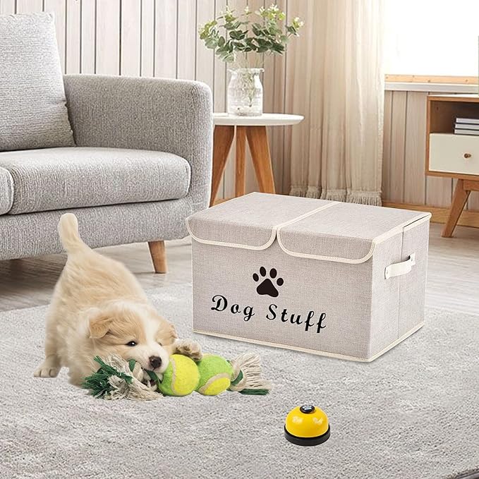 Geyecete Large Storage Boxes - Large Linen Fabric Foldable Storage Cubes Bin Box Containers with Lid and Handles for Dog Apparel & Accessories, Dog Clothing(Beige)