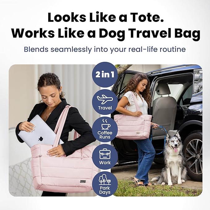 Puffer Dog Travel Bag for Dog Moms – Doggy Diaper Bag with Pet Bowls & Food Storage or Everyday Puffy Tote – Christmas Doggy Mom Gifts for Women – Lightweight, Travel-Ready Gift for Pet Lovers - Pink