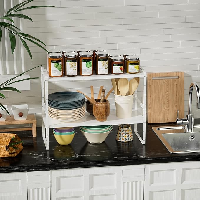Cabinet Organizer Shelf,Expandable Counter Spice Rack,Stackable Shelf,Adjustable Storage Riser for Kitchen Pantry Countertop Cupboard,White,D:8.07"