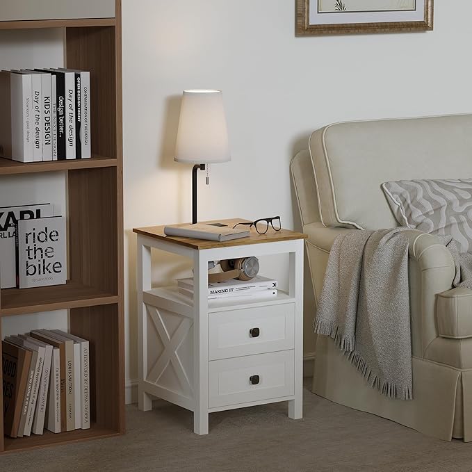 WOPITUES Nightstand with Charging Station, Farmhouse Night Stand with Drawers, Bedside Table, End Table for Bedroom, Living Room, Rustic White & Rustic Brown
