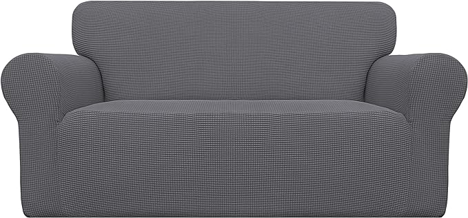 Easy-Going Stretch Loveseat Slipcover 1-Piece Sofa Cover Furniture Protector Couch Soft with Elastic Bottom for Kids Polyester Spandex Jacquard Fabric Small Checks (Loveseat, Grey)