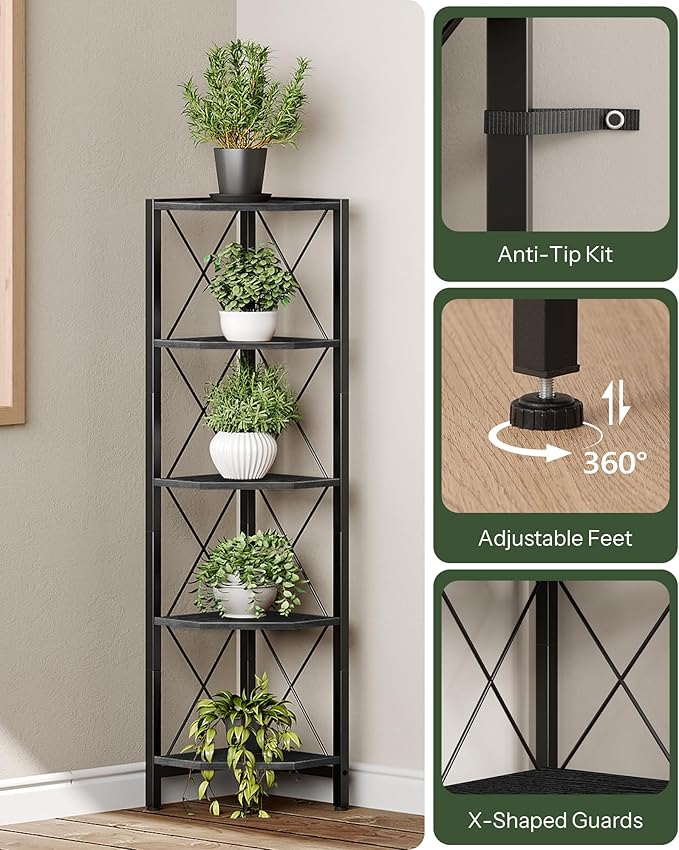 5-Tier Corner Shelf, Corner Bookcase, 55.2" Tall Vertical Display Rack, Plant Stand, Open Storage Shelf, for Living Room, Bedroom, Study, Kitchen, Black TCJ12BB