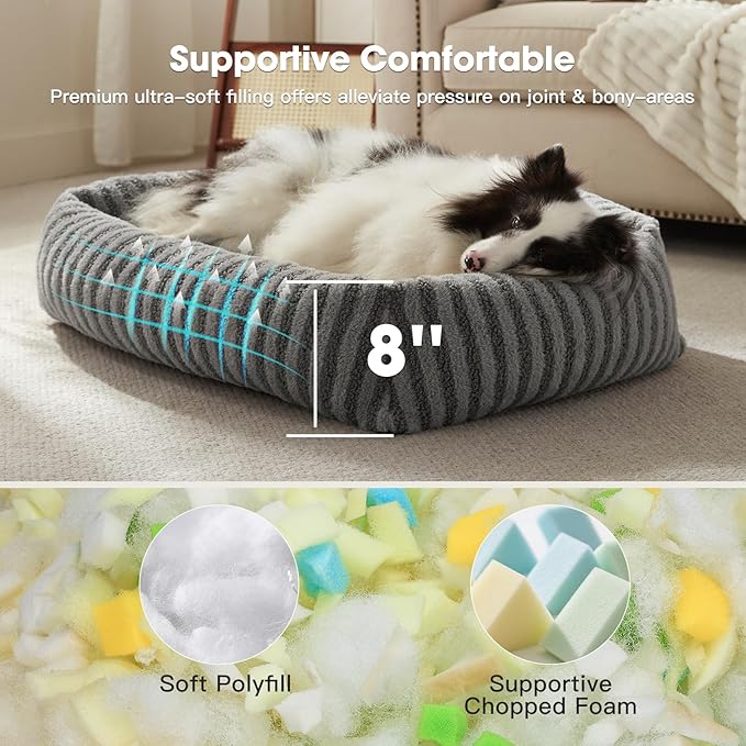 MIXJOY Dog Bed Medium Size Dog, Washable Medium Dogs Bed with Removable Cover, Soft Rectangle Doggy Ded Fluffy Plush Faux Fur Pet Bed with Anti-Slip Bottom, 30"x24"x8", Grey