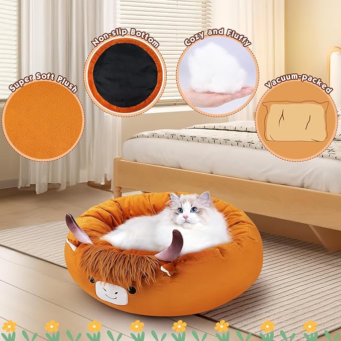 Highland Cow Heated Cat Bed - Cute Round Dog Bed for Winter, Warming Pet Bed for Indoor Cats & Small Dogs, Washable Calming Nest with Heating Pad & Timer, Cow Pet Heating Pad for Cats and Dogs