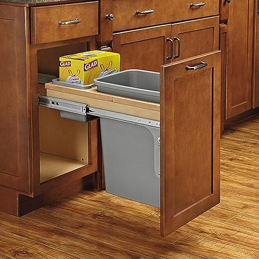 Rev-A-Shelf Top Mount Single Pullout Under Cabinet 35 Quart Kitchen Trash Cans w/ Soft-Close, 150 Pound Rated Full-Extension Slides, 4WCTM-12BBSCDM1
